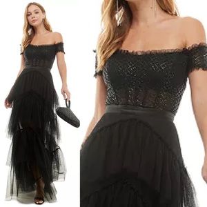 CITY STUDIOS
Juniors' Off-The-Shoulder
Tiered Mesh Gown,l Dress Macy's size 5